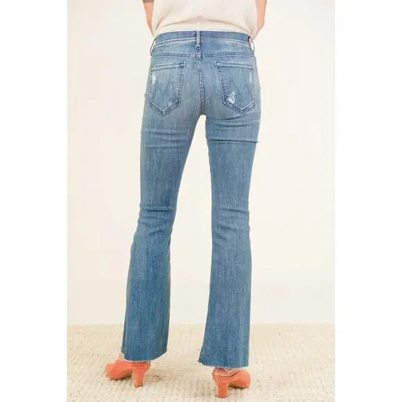 🛑SOLD🛑 Mother The Weekender Fray Jeans Size 25 Graffiti Girl Blue Mid Rise Flare - Picture 5 of 14